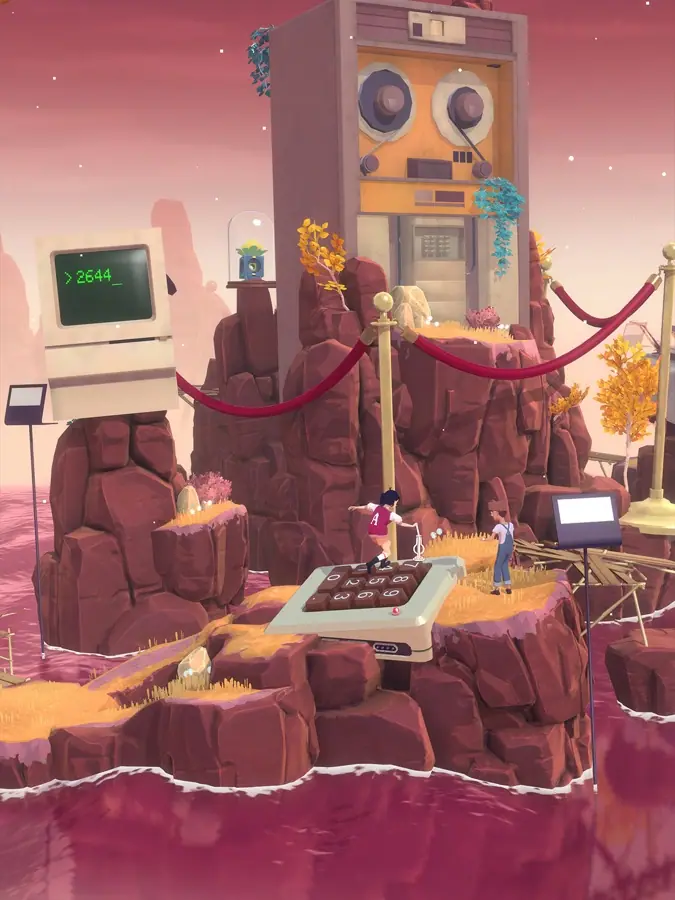 A warm, red-rock island scene with a lone figure at a keyboard
